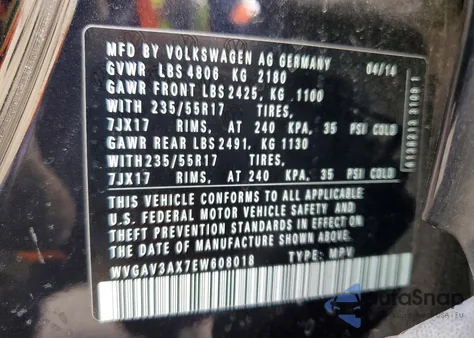 2014 Volkswagen Tiguan S из США, поврежденный, VIN WVGAV3AX7EW608018